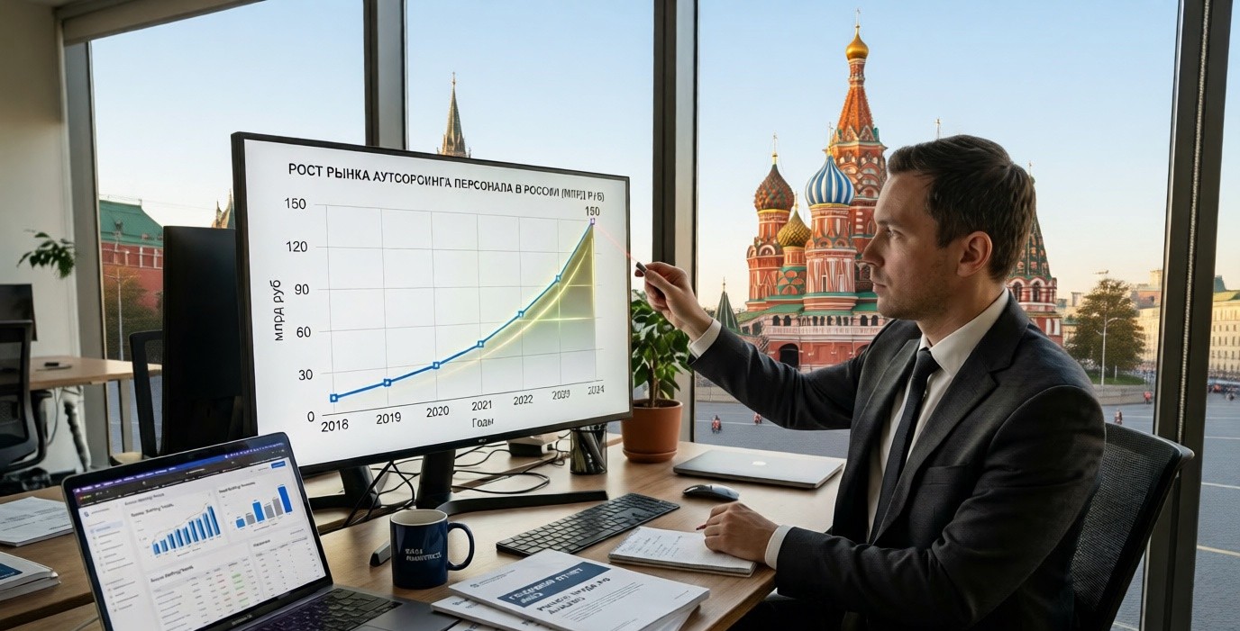 График динамики объема рынка аутсорсинга персонала в России за 2020–2025 годы.