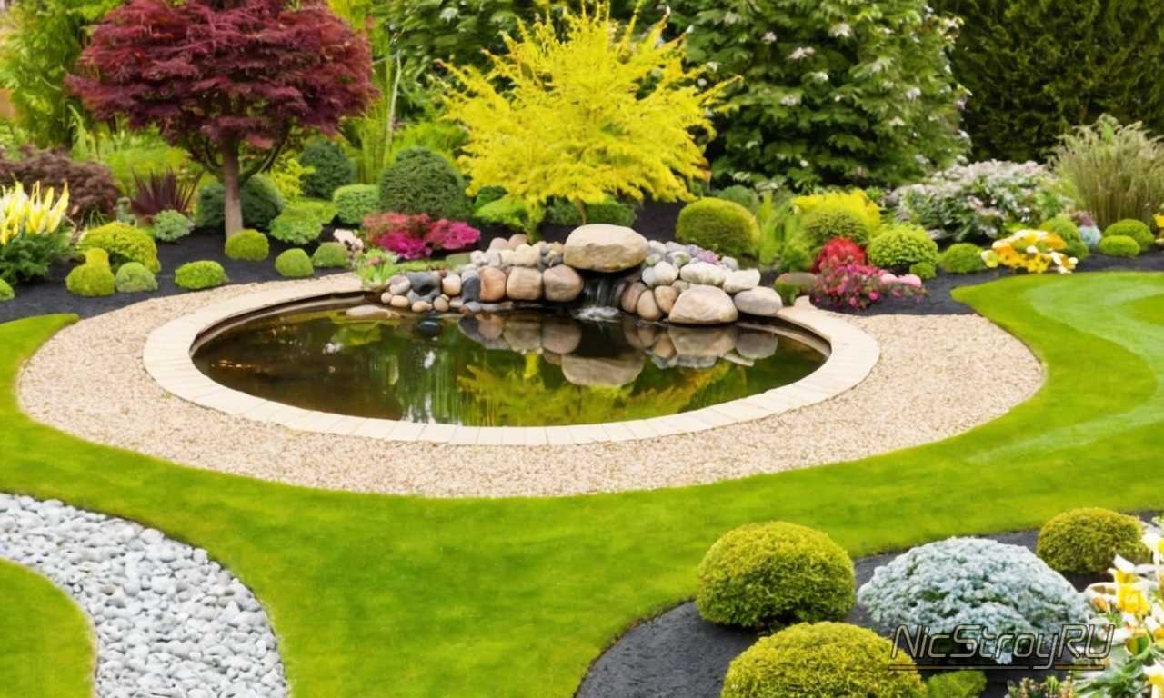 Ландшафтный дизайн большого участка с акцентом на зонирование и декоративные элементы для создания гармоничного пространства