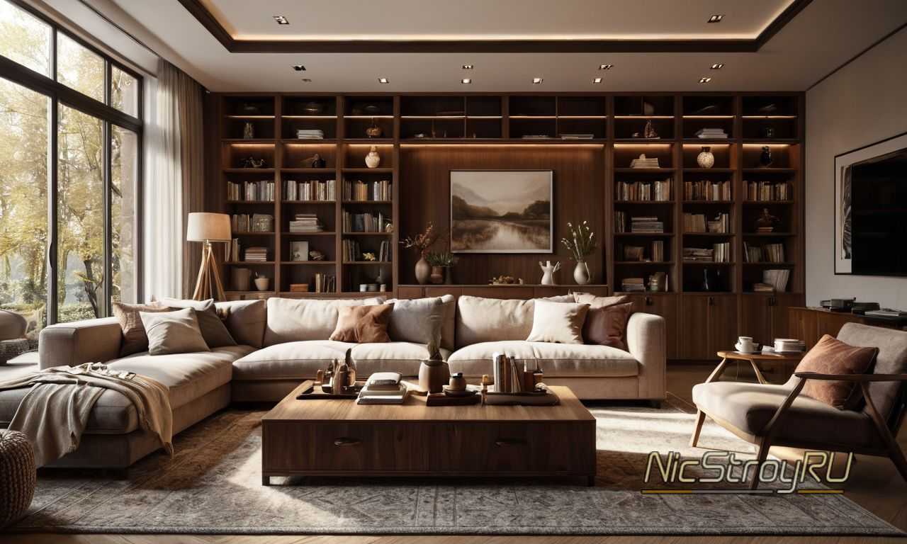 Комбинация мебели и отделки: дерево, бетон и кирпич